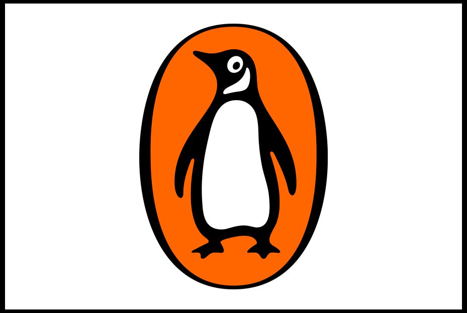 Logo of Penguin. Black and white penguin figure inside an orange oval background.