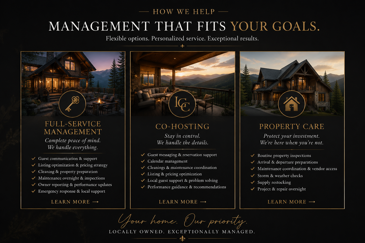 A promotional graphic for property management services featuring three sections with images of a mountain home and interior. Sections detail full-service management, co-hosting, and property care, with icons of a key, house, and house with tools. The background is black with gold accents and white text.