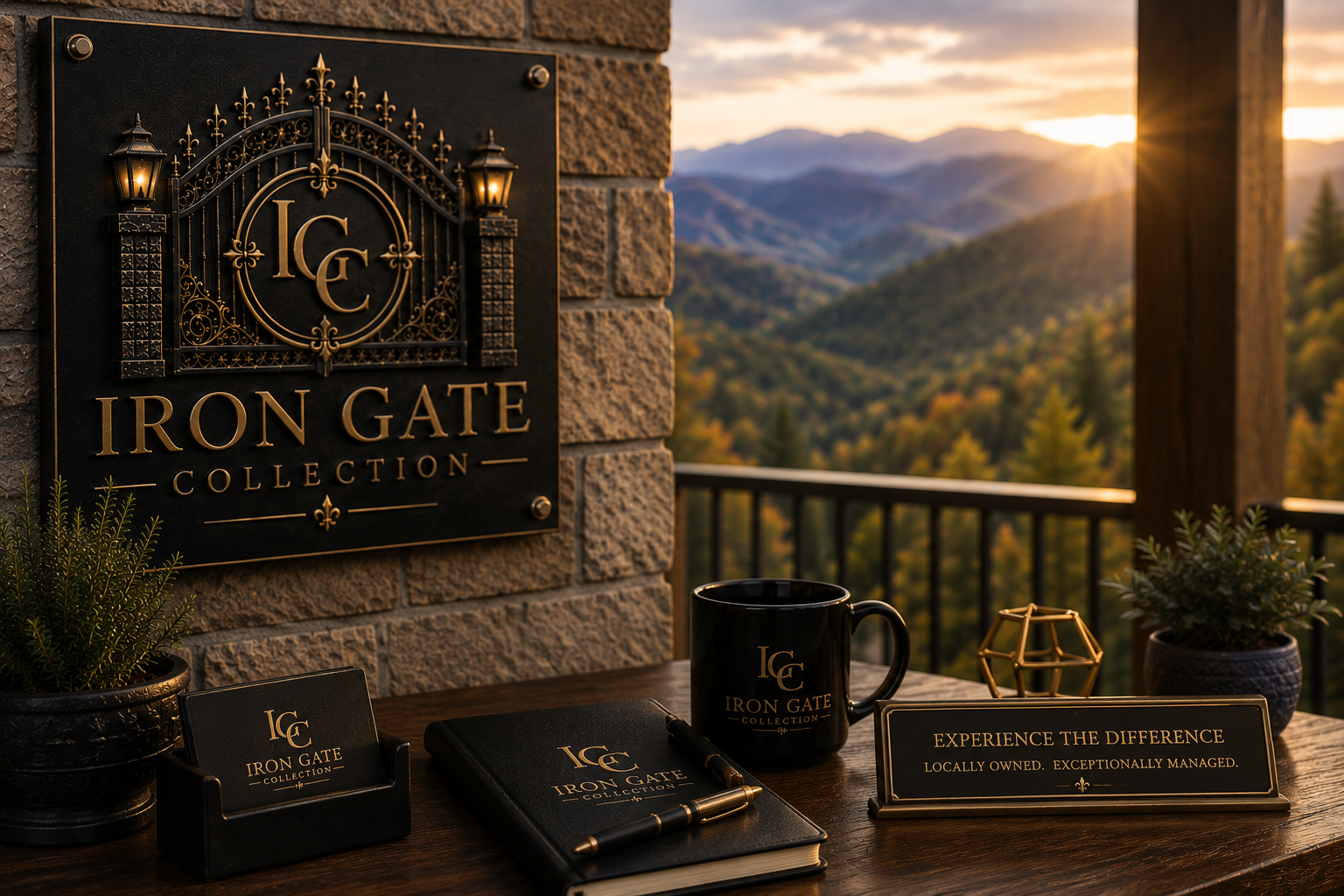 A table set outdoors with Iron Gate Collection branded items, including a black mug, notebook, business card holder, and a sign, with a scenic mountain view during sunset in the background.