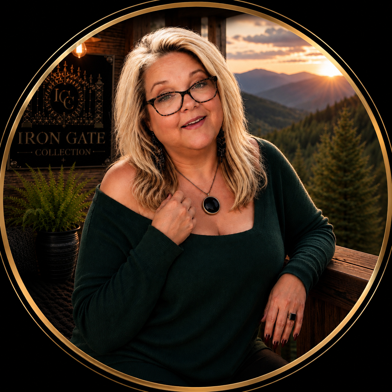 A woman with blonde hair and glasses wearing a dark green top and jewelry, sitting on a balcony with a scenic mountain and forest view at sunset.