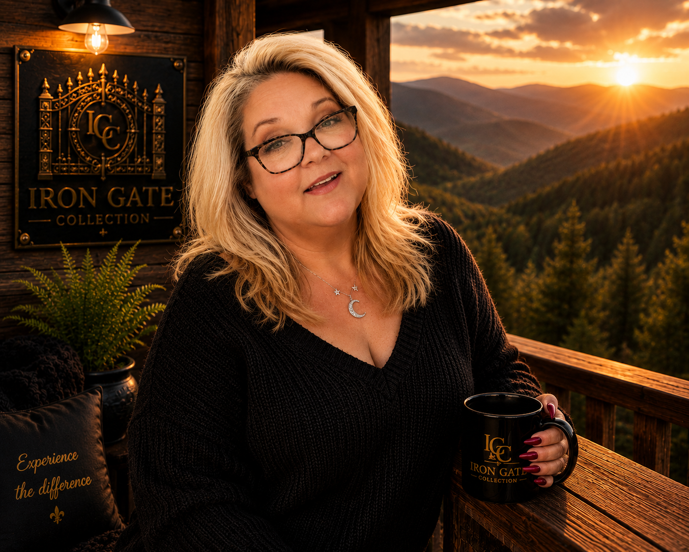 A woman with blonde hair and glasses holding a black mug with 'Iron Gate Collection' written on it, sitting on a wooden balcony during sunset with mountains and trees in the background. There is a sign on the wall behind her that reads 'Iron Gate Collection' with a logo, and a pillow with the phrase 'Experience the difference' on a chair next to her.