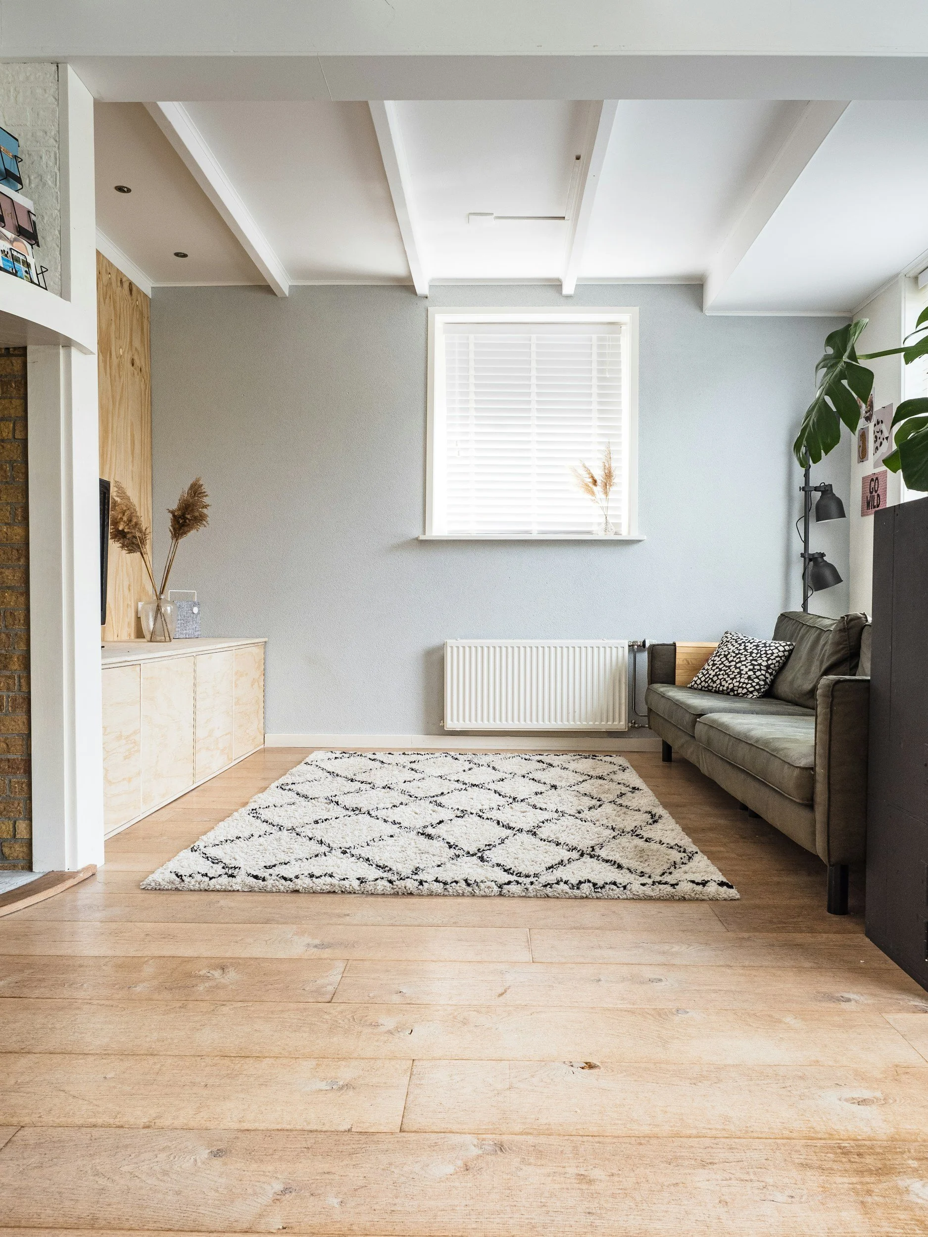 A cozy living room with a beautiful area rug that has just been professionally cleaned.