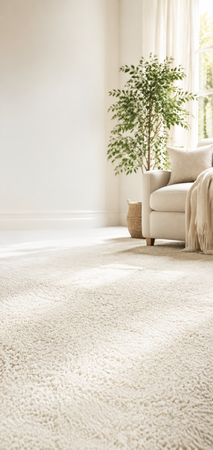 Sunlit living room with cream carpet, beige armchair and potted plant.