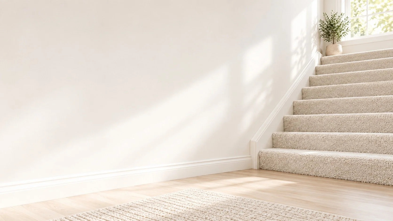 A staircase carpeted with beige textured carpet, with a potted plant at the top near a large window allowing sunlight to cast shadows on the wall.