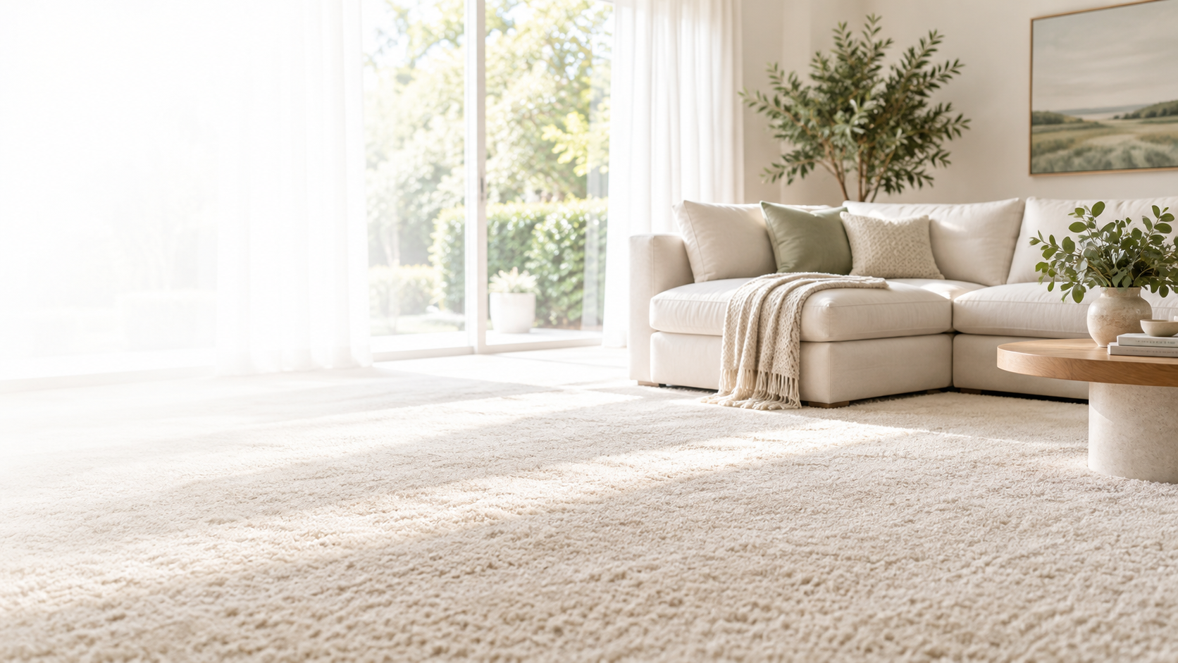 Bright living room with a large white sectional sofa, green and beige pillows, a cream throw blanket, a round coffee table with a plant, and large windows with sheer curtains showing an outdoor garden.