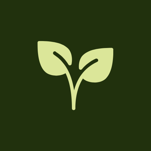 Icon of a sprouting plant with two leaves on a dark green background.