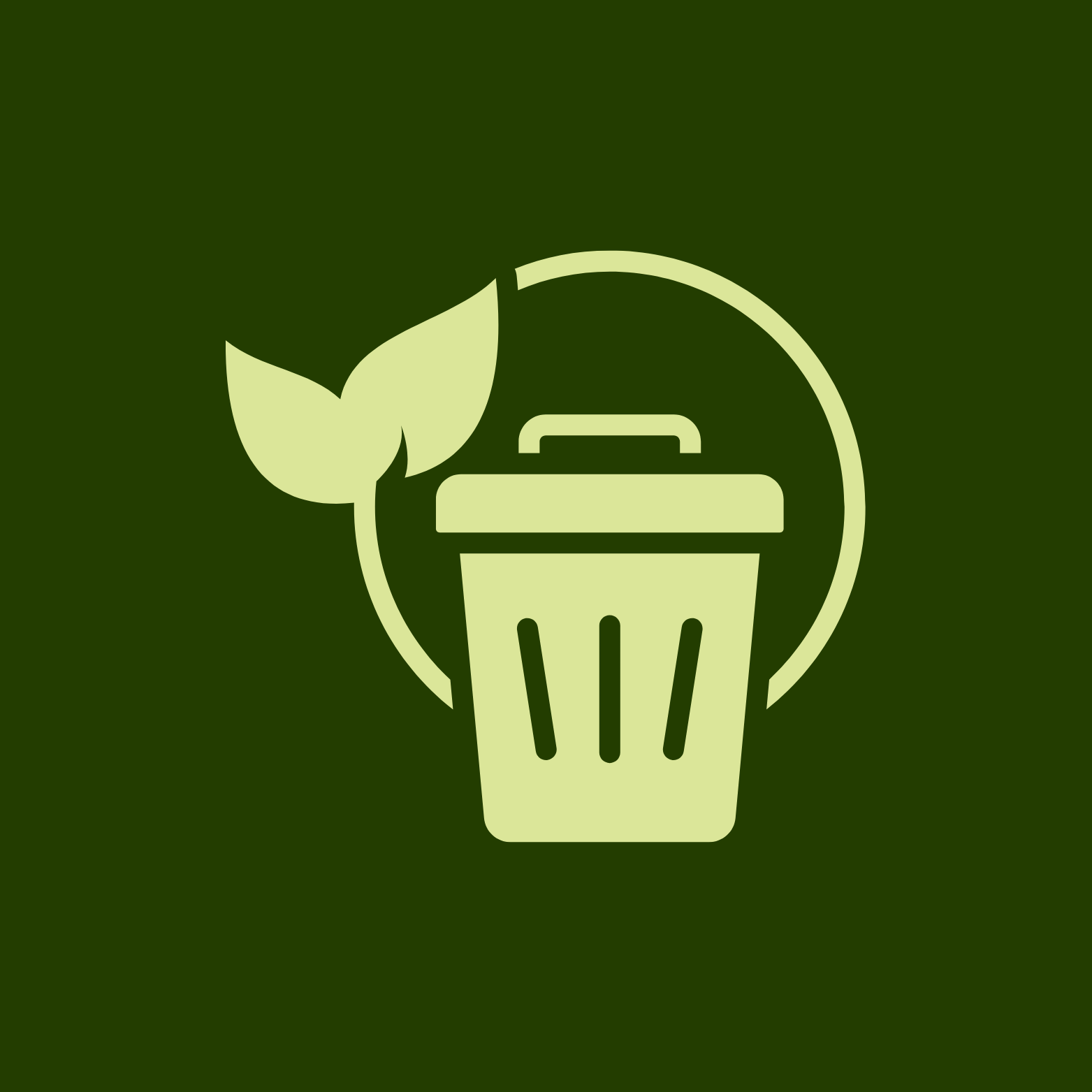 Icon featuring a recycling bin with a lid, surrounded by a circle, and two leaves, all in a light green color on a dark green background.