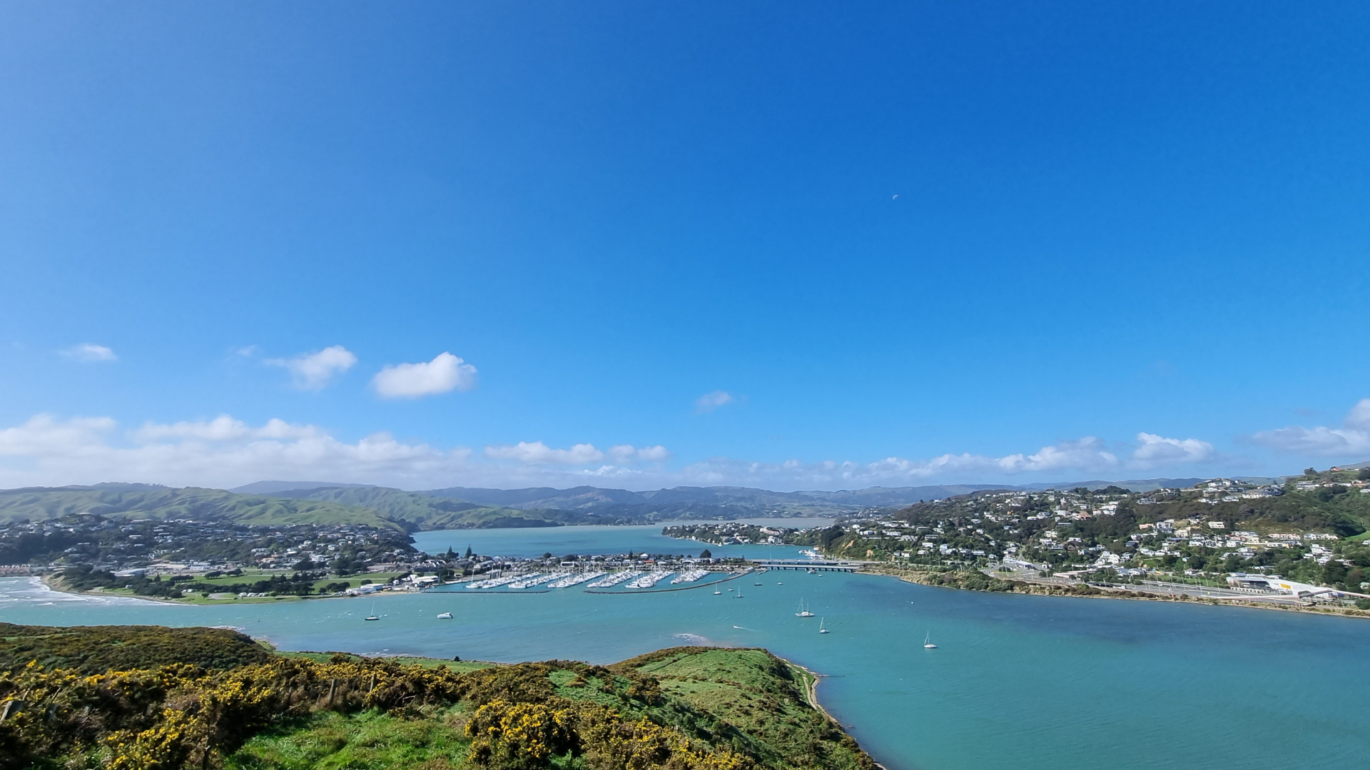 View from Whitireia Park looking towards Pāuatahanui Inlet, with Paremata and Camborne on the left, and Papakōwhai and Whitby on the right.