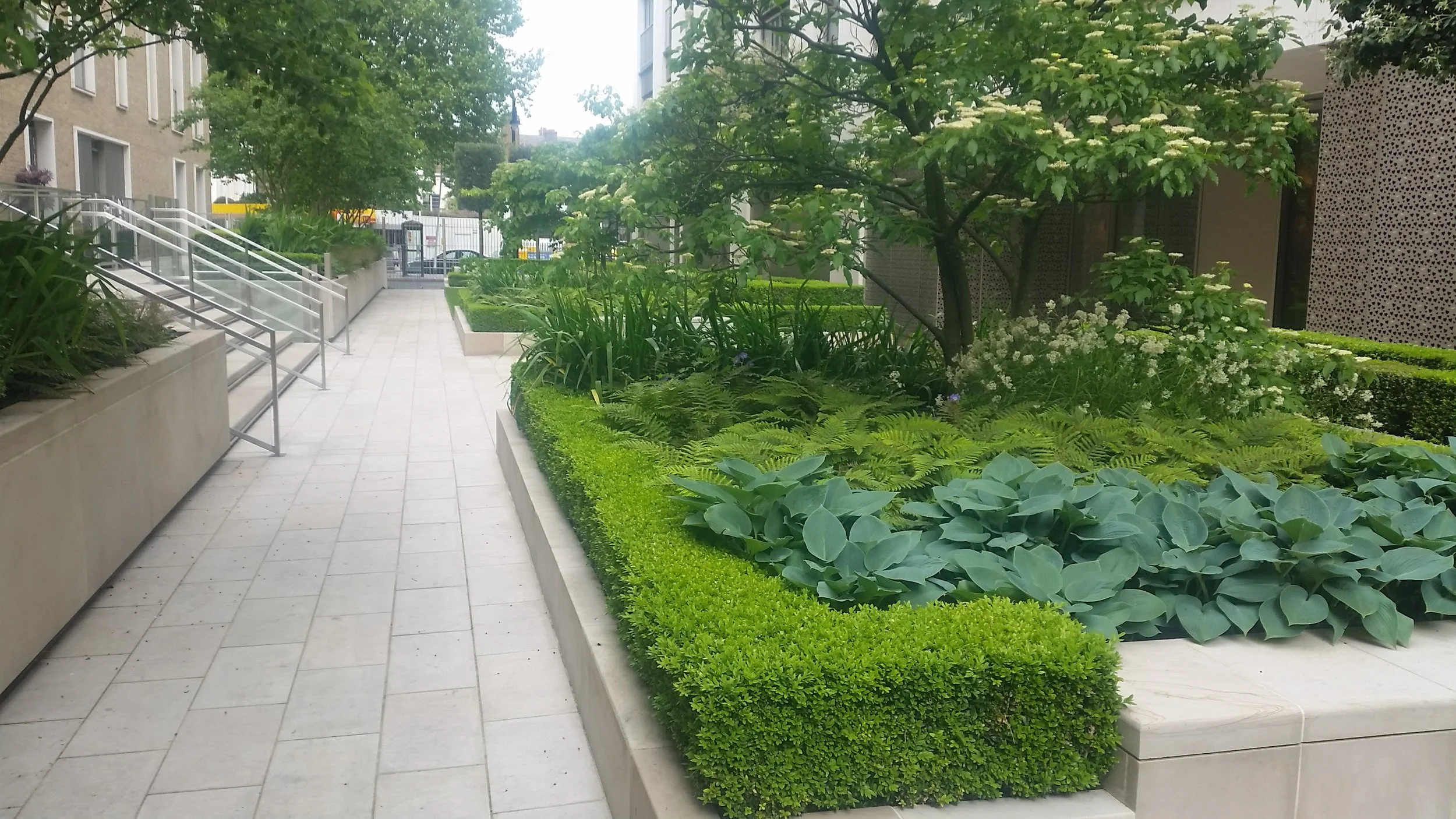 A modern outdoor garden with lush green plants and trees, white tiled walkway, and beige building walls with perforated metal panels.