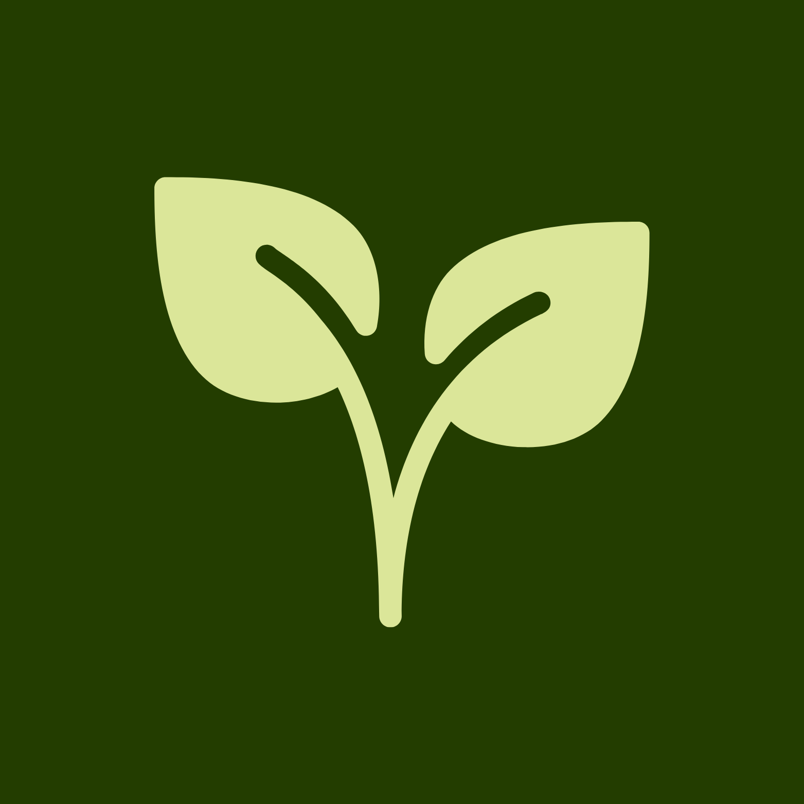 A simple graphic of two light green leaves on a dark green background.