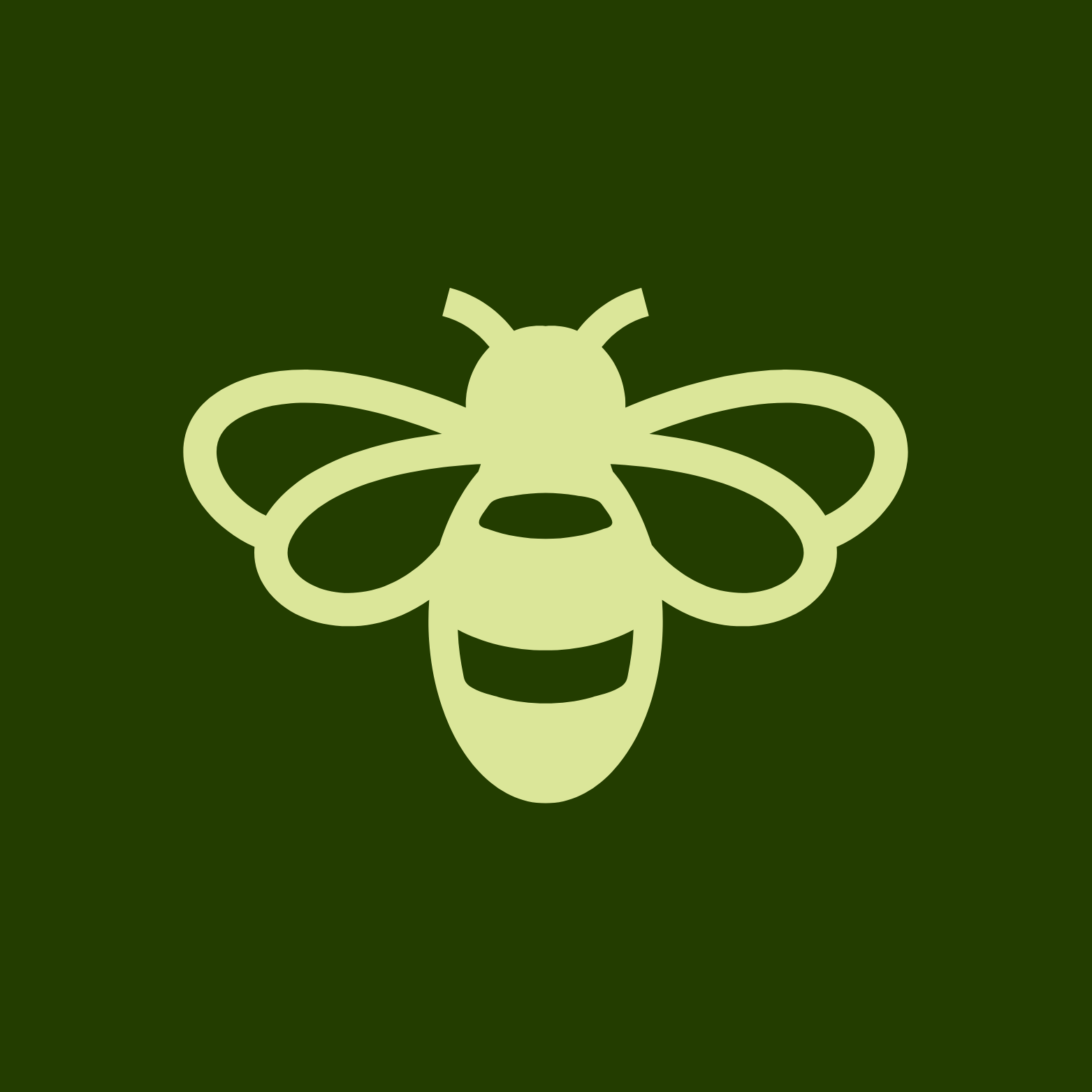 A minimalist, stylized bee icon on a dark green background.