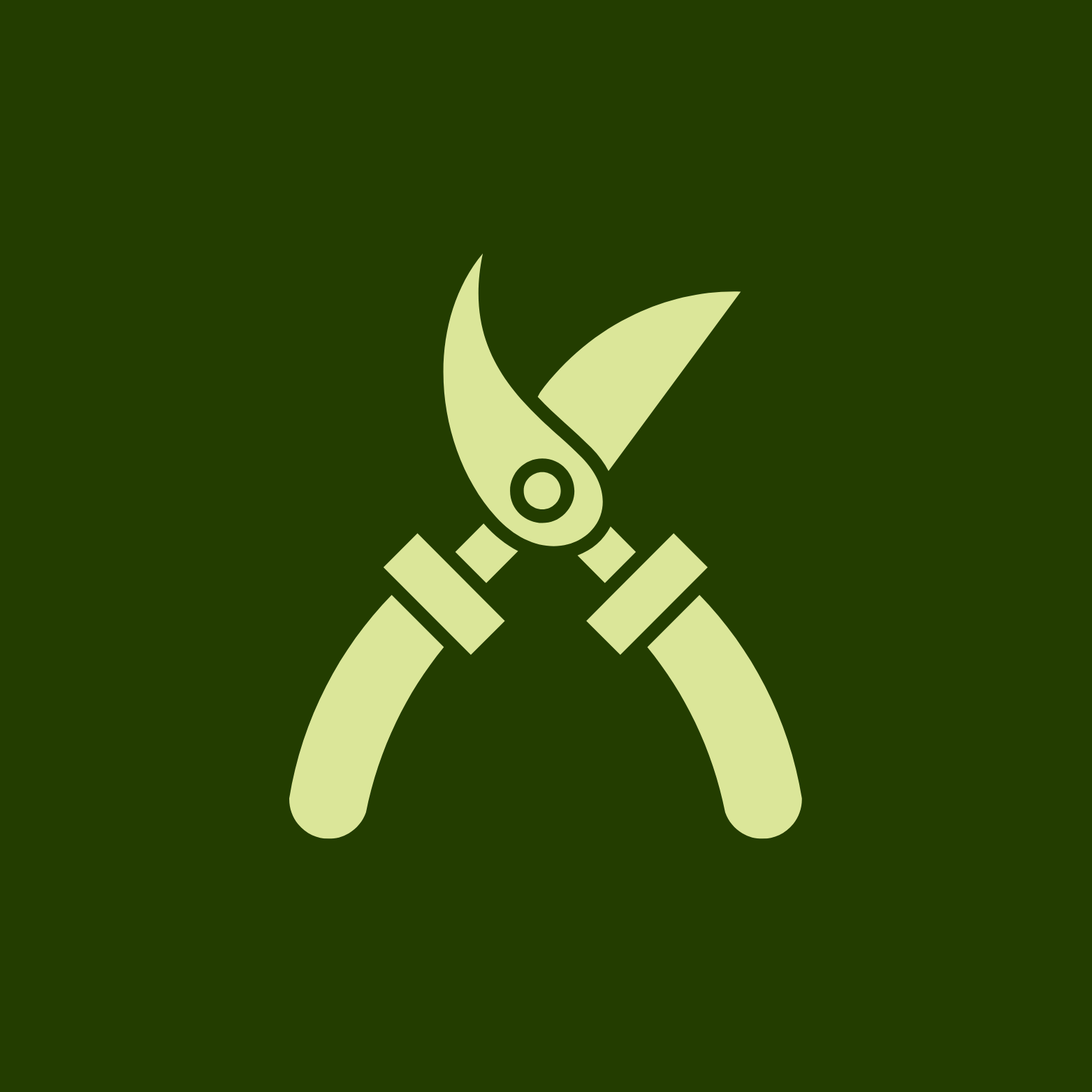 Icon of pruning shears cutting a leaf on a green background.