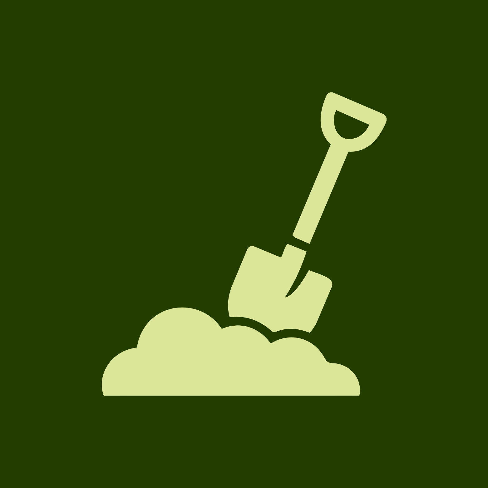 A graphic illustration of a hand holding a small shovel, planting a seed in the ground with a cloud of dust or soil around the planting area.