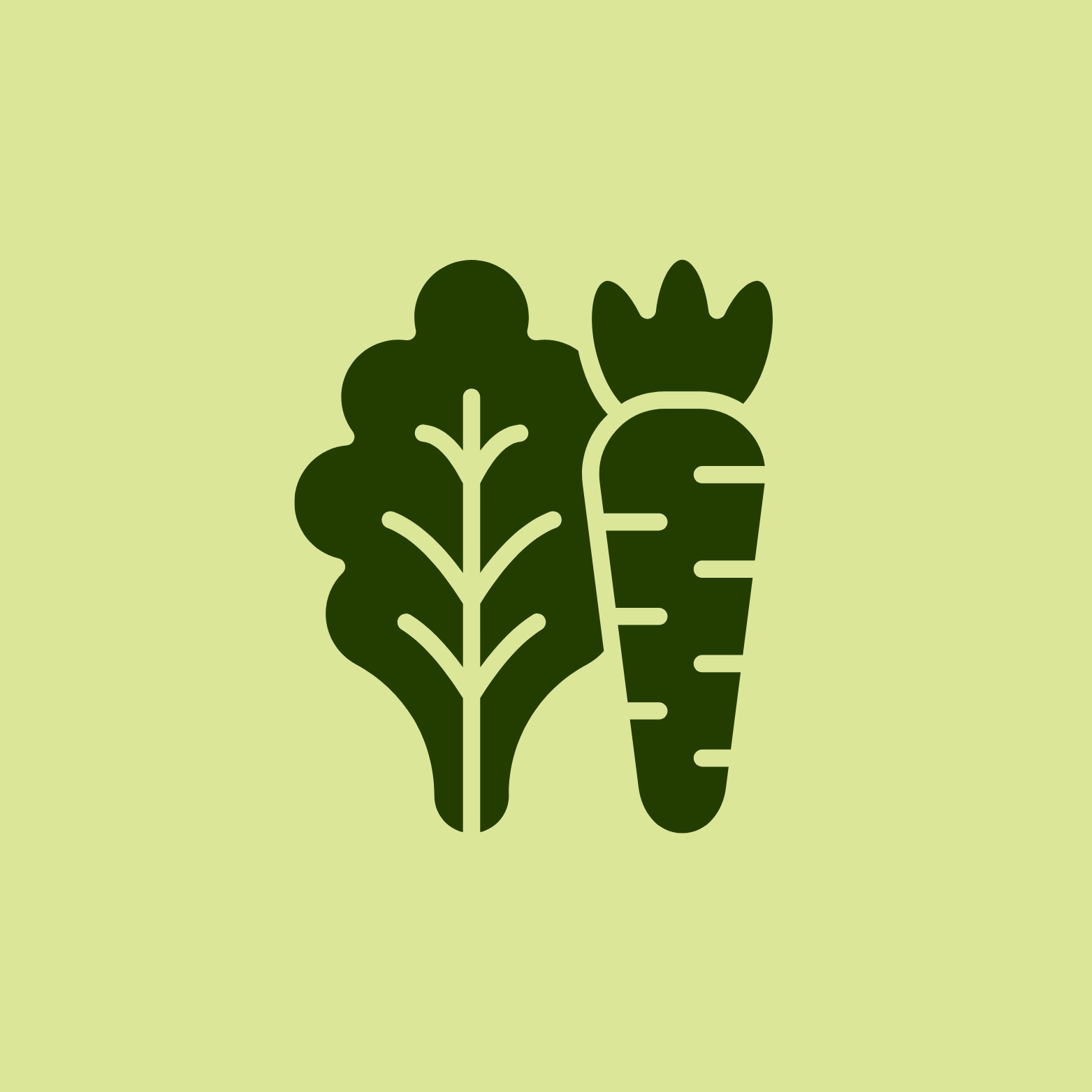 Silhouette of various leafy green vegetables including lettuce, broccoli, and a carrot, set against a light green background.