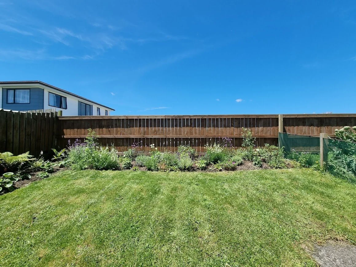 A backyard garden with various plants along a wooden fence, with a grassy lawn in the foreground and a blue sky overhead.