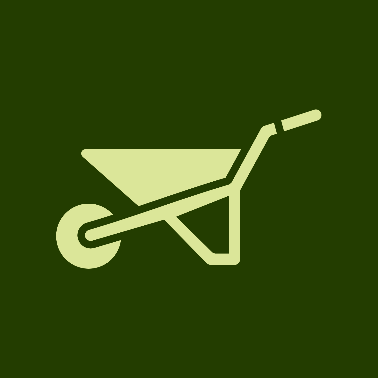 Icon of a wheelbarrow on a dark green background.
