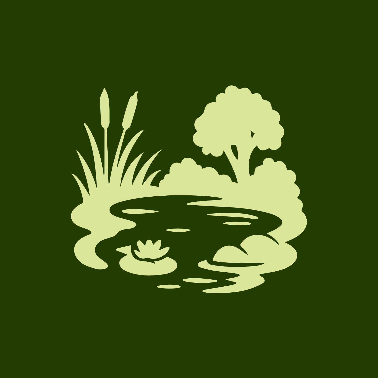Illustration of a pond with lily pads, a small waterfall, cattails, and trees in the background.