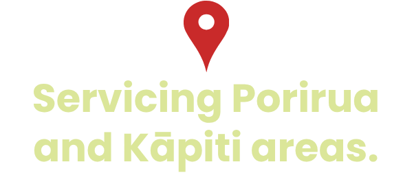 Text saying, 'Servicing Porirua and Kāpiti areas,' with a location pin icon above the text.