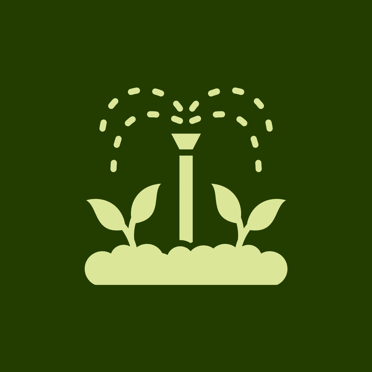 A garden sprinkler watering a small plant with leaves on a patch of soil, against a dark green background.
