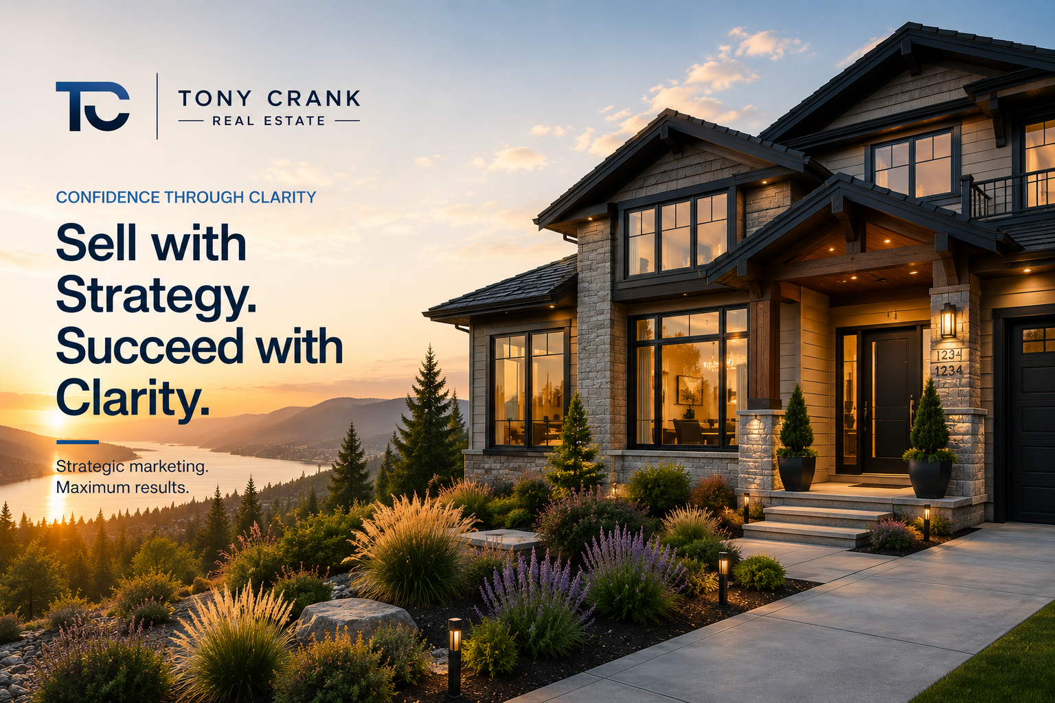 A luxurious house with large windows, a stone and wood exterior, surrounded by landscaped plants and pathway lighting, overlooking a scenic river and mountain landscape at sunset.