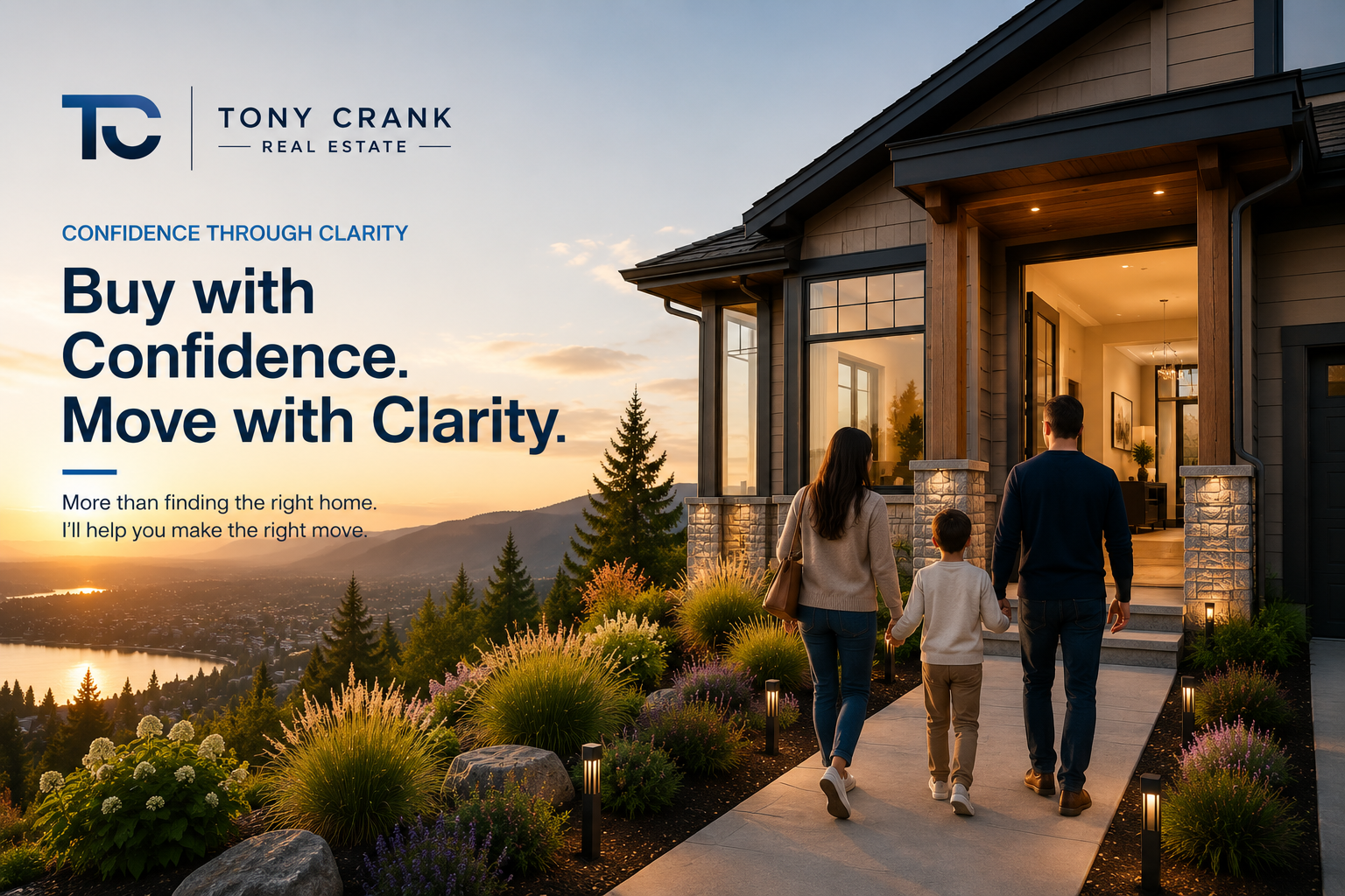 A family of three walking up to their modern house during sunset, with scenic mountains and a lake in the background, promoting real estate services.