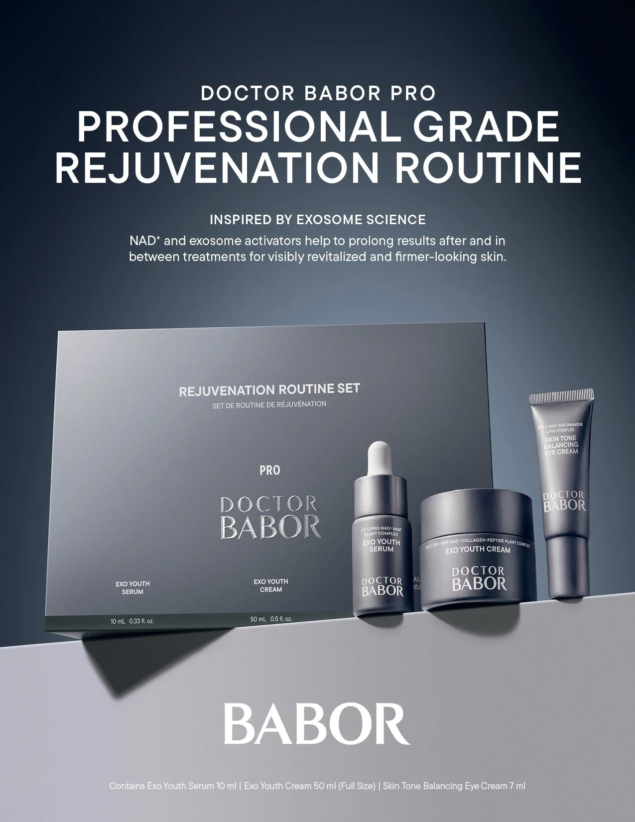 Product display of Doctor Babor skincare set including serum, cream, and eye cream with promotional text about rejuvenation routine and science-inspired ingredients.