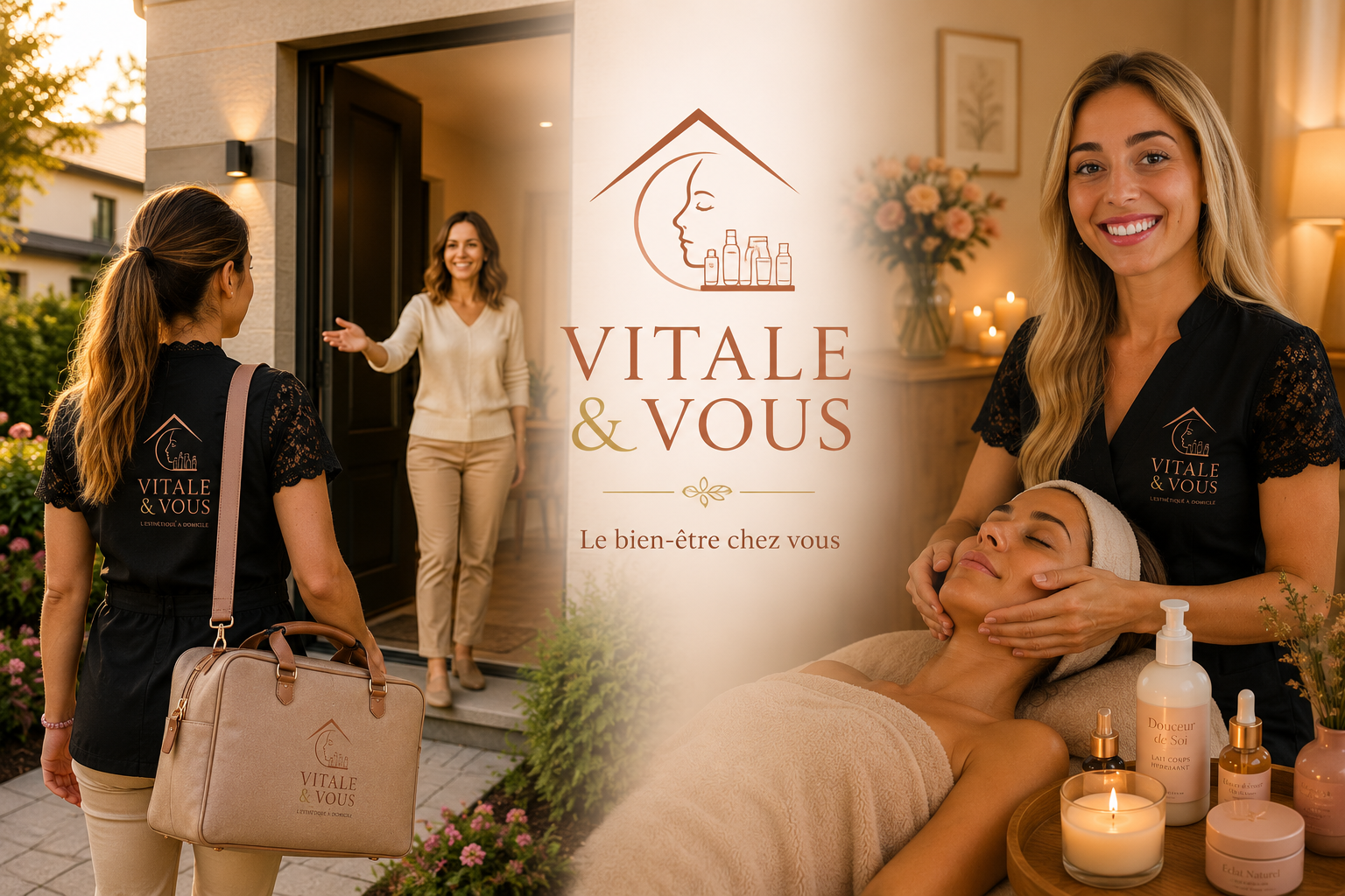 Une femme recevant un massage à domicile comme dans un spa, encadrée de bougies et de produits de soins. Une autre femme accueille une cliente devant sa maison, avec la signalétique "Vitale & Vous".
