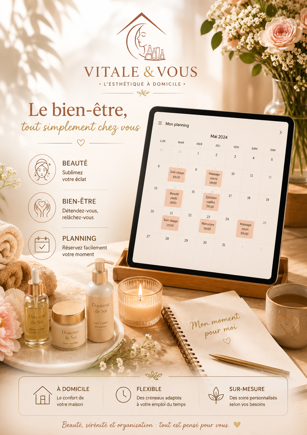 Une affiche promotionnelle pour un service de bien-être à domicile, incluant un calendrier, des produits de soin, une bougie, un carnet de notes, et un vase de fleurs, avec texte en français