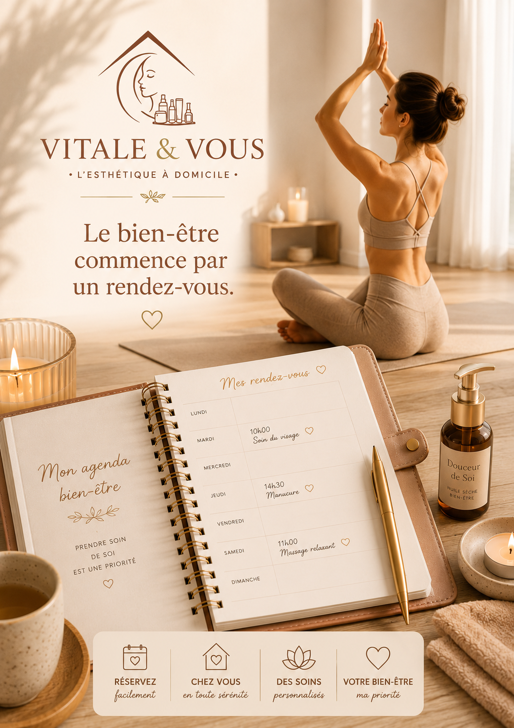 Une femme en tenue de yoga méditant dans un salon lumineux avec un tapis de yoga, bougies, diffuseur d'huiles essentielles, une agenda bien-être, et diverses huiles et produits de soin, dans une ambiance chaleureuse et relaxante.