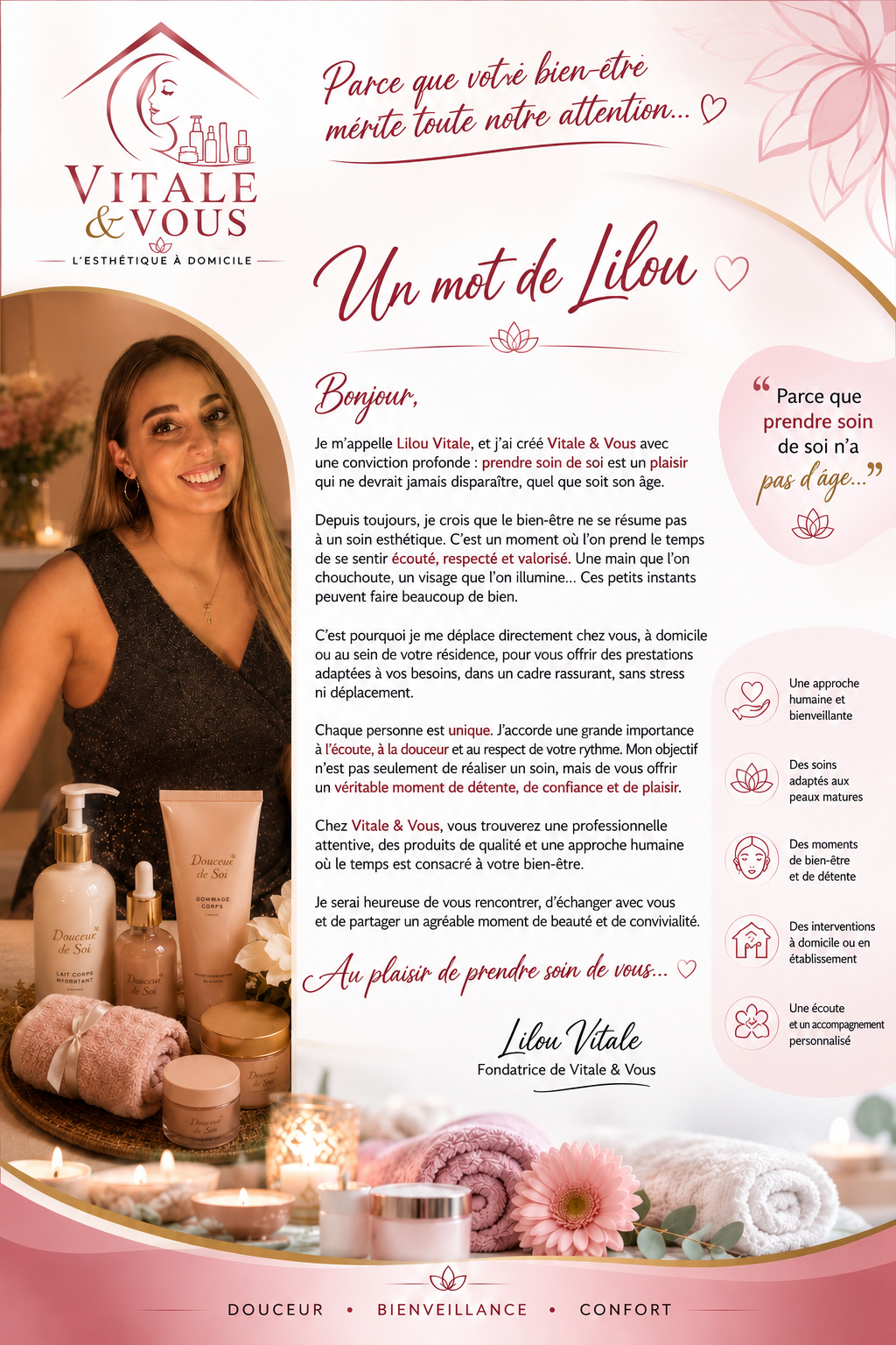 Une affiche promotionnelle pour une entreprise de soins esthétiques à domicile. L'affiche comporte une photo d'une femme souriante, plusieurs produits de soin, des serviettes, des bougies et des fleurs. Texte en français expliquant leur philosophie, services et contact, avec des illustrations de cœurs et de fleurs.