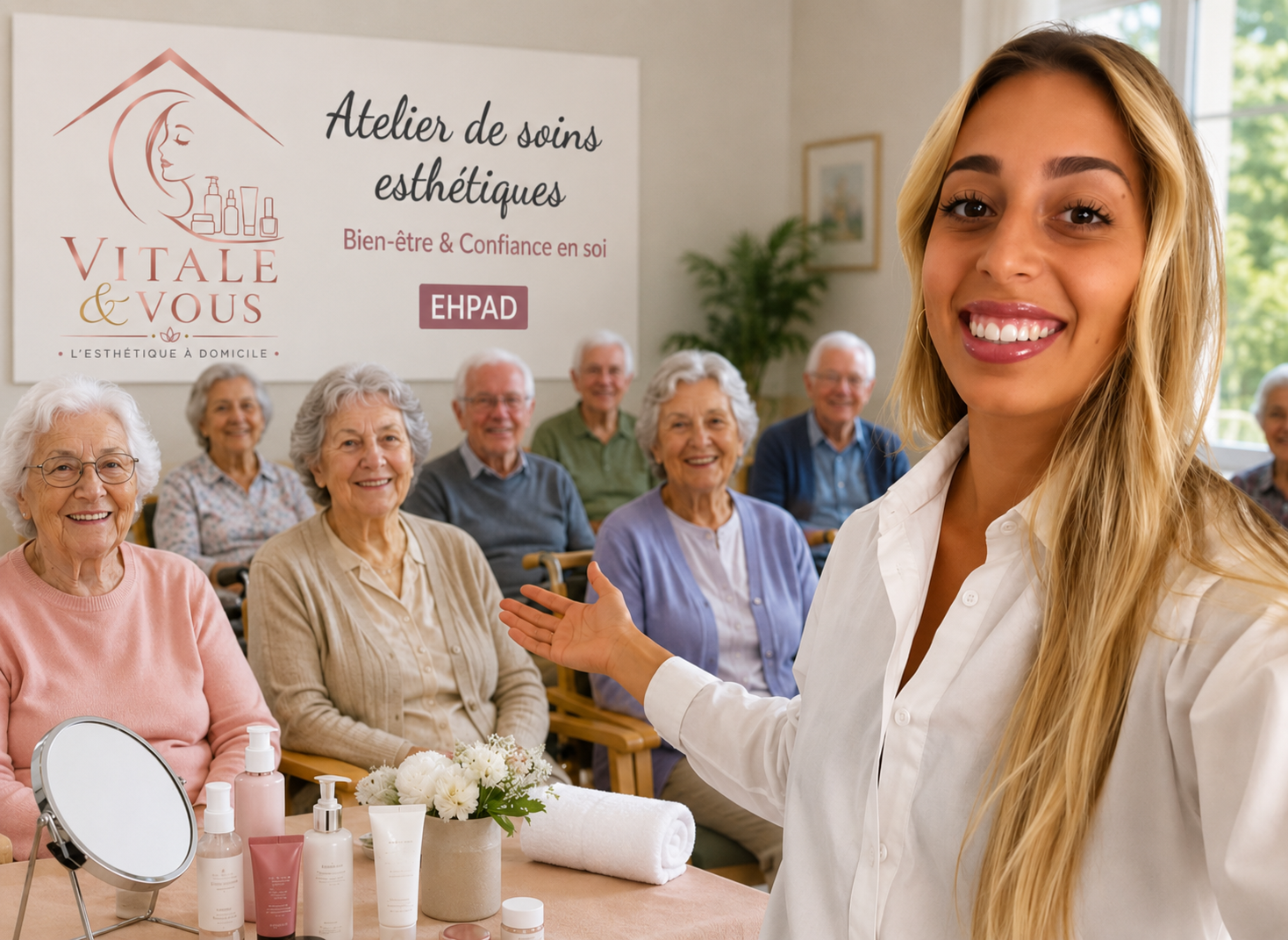 Une femme blonde souriante présente un groupe de personnes âgées lors d'un atelier de soins esthétiques dans un établissement pour seniors dans une pièce lumineuse et accueillante.