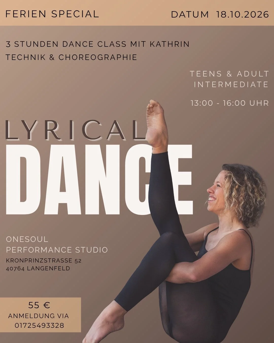 ✨ FERIEN SPECIAL ✨ LYRICAL DANCE 

Gemeinsam mit Kathrin erwarten euch gleich zwei Lyrical Dance Workshops bei uns. F&uuml;r unterschiedliche Levels und mit ganz viel Zeit f&uuml;r Technik, Choreographie &amp; Ausdruck.

✨ 18.10. | TEENS &amp; ADULTS