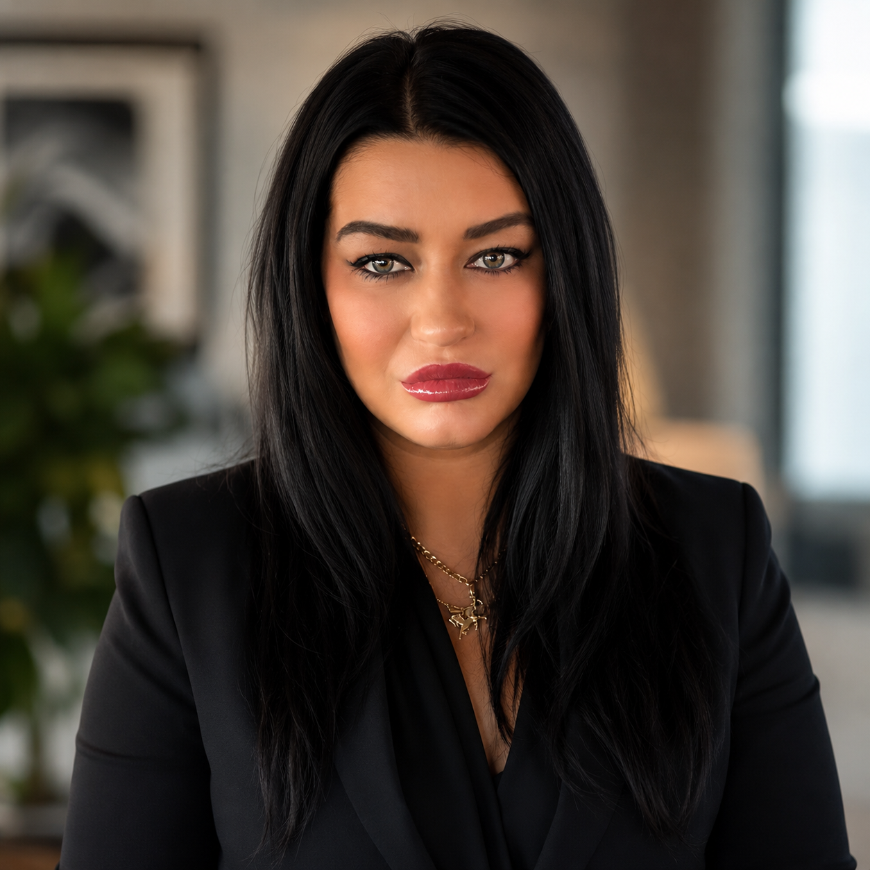 Close-up of a woman with long black hair, wearing a black blazer and gold jewelry, looking at the camera with a serious expression in a modern indoor setting.