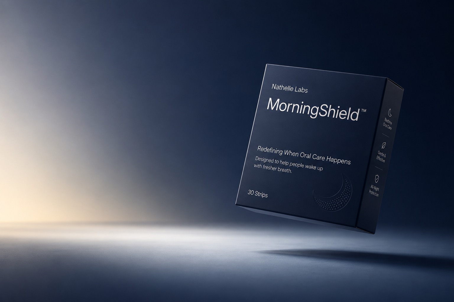 A box of Natelle Labs MorningShield oral care strips, designed to help people wake up with fresher breath, set against a gradient background.