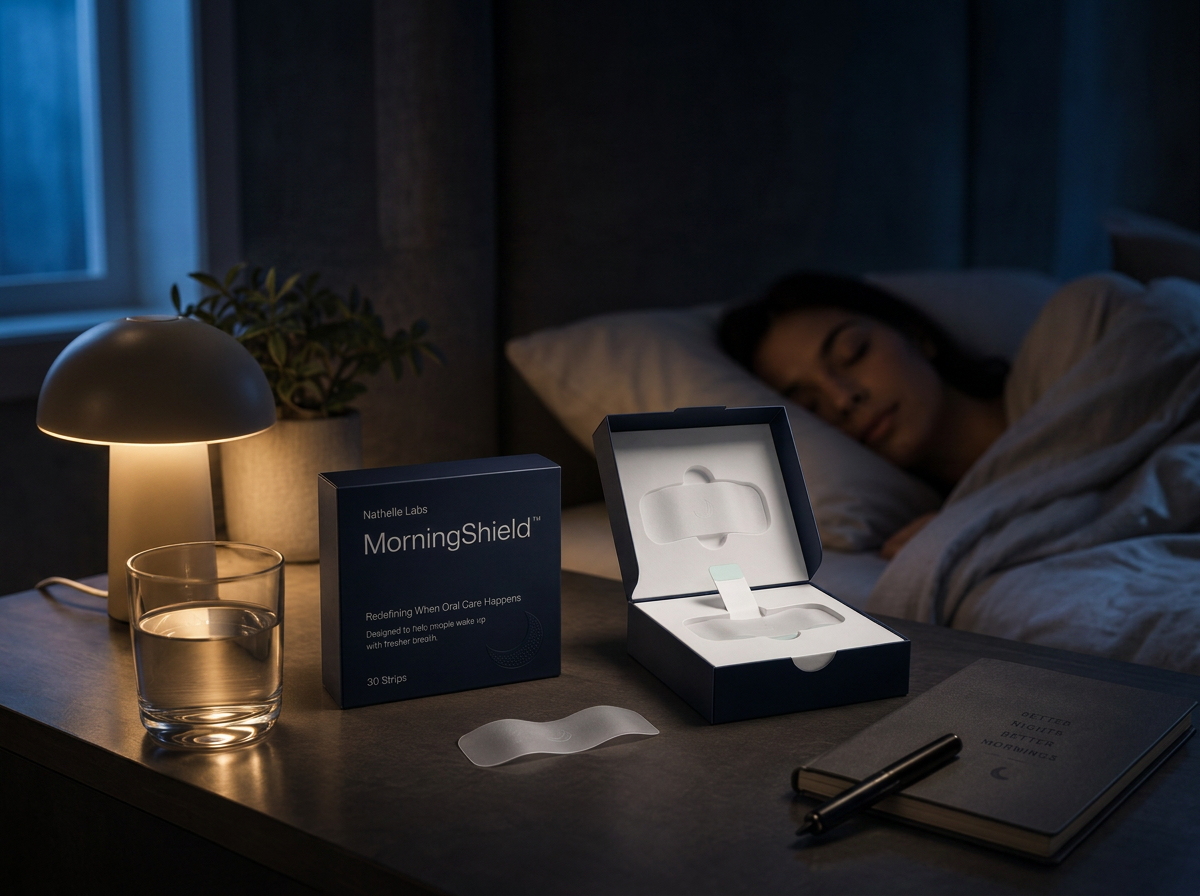 A woman sleeping in bed with a bedside table holding a lamp, a glass of water, a box of MorningShield oral care strips, an open box of strips, a notebook, and a pen.