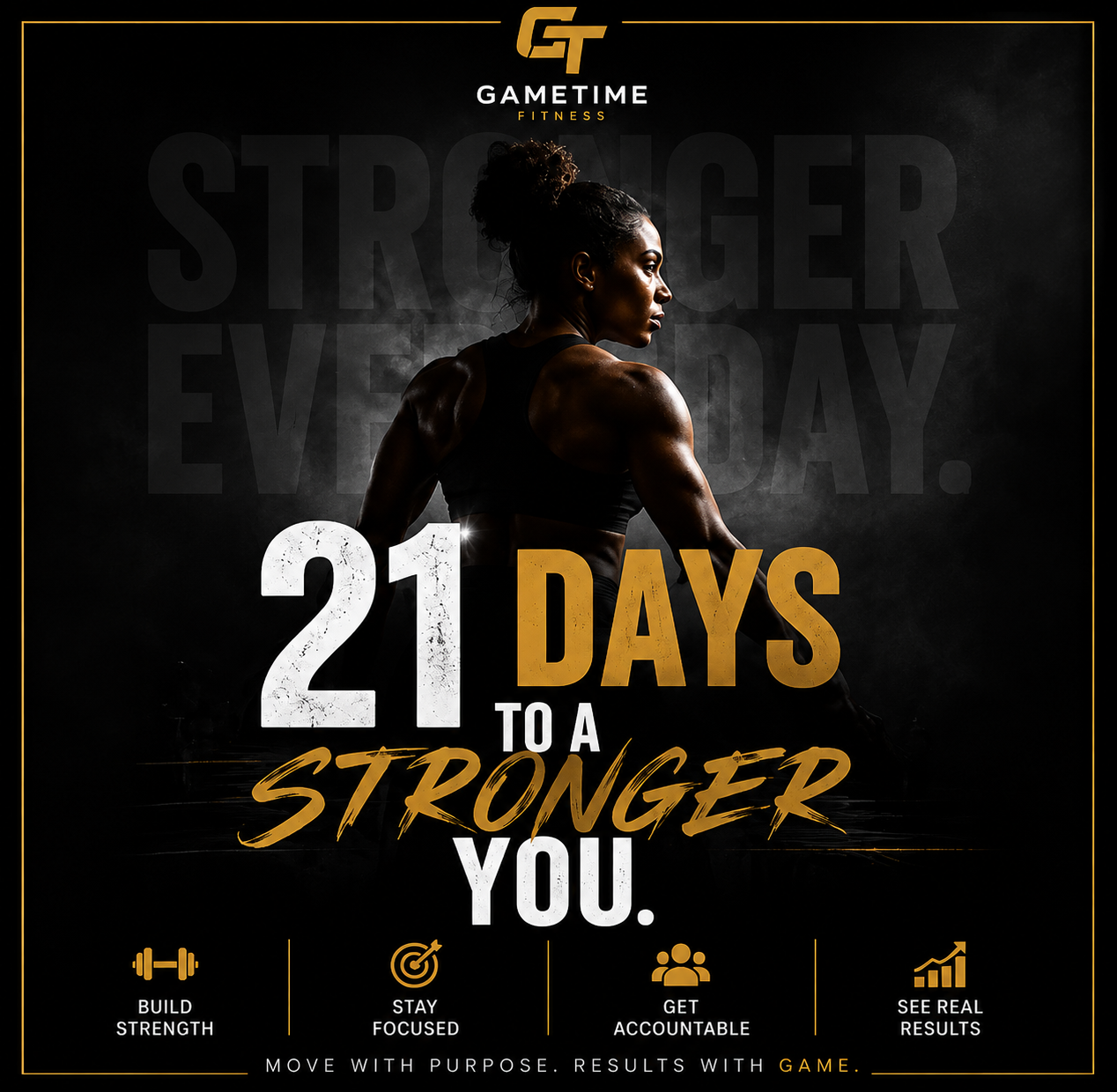Poster from Gametime Fitness with a woman in a workout outfit, emphasizing 21 days to a stronger self, featuring icons for building strength, staying focused, getting accountable, and seeing results.