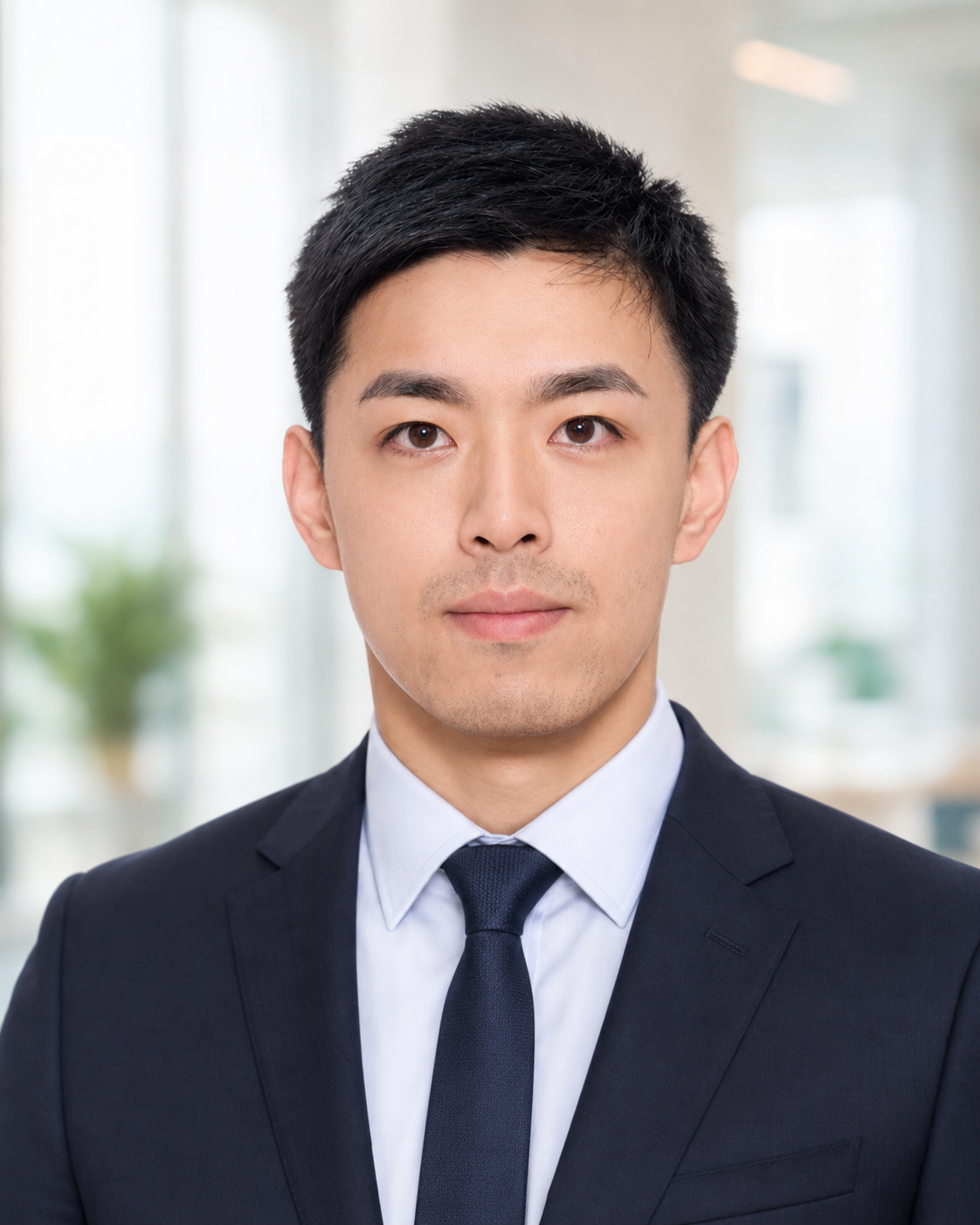 A young man in a black suit, white dress shirt, and navy tie poses for a portrait in an office setting with blurred background and natural lighting.
