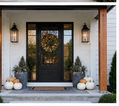 Front door decorated with a wreath, flanked by two lantern-style lights, with pumpkins and potted plants on the porch.