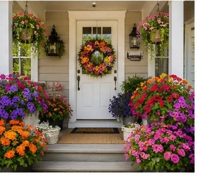Front porch decorated with colorful potted flowers and a floral wreath on the door.