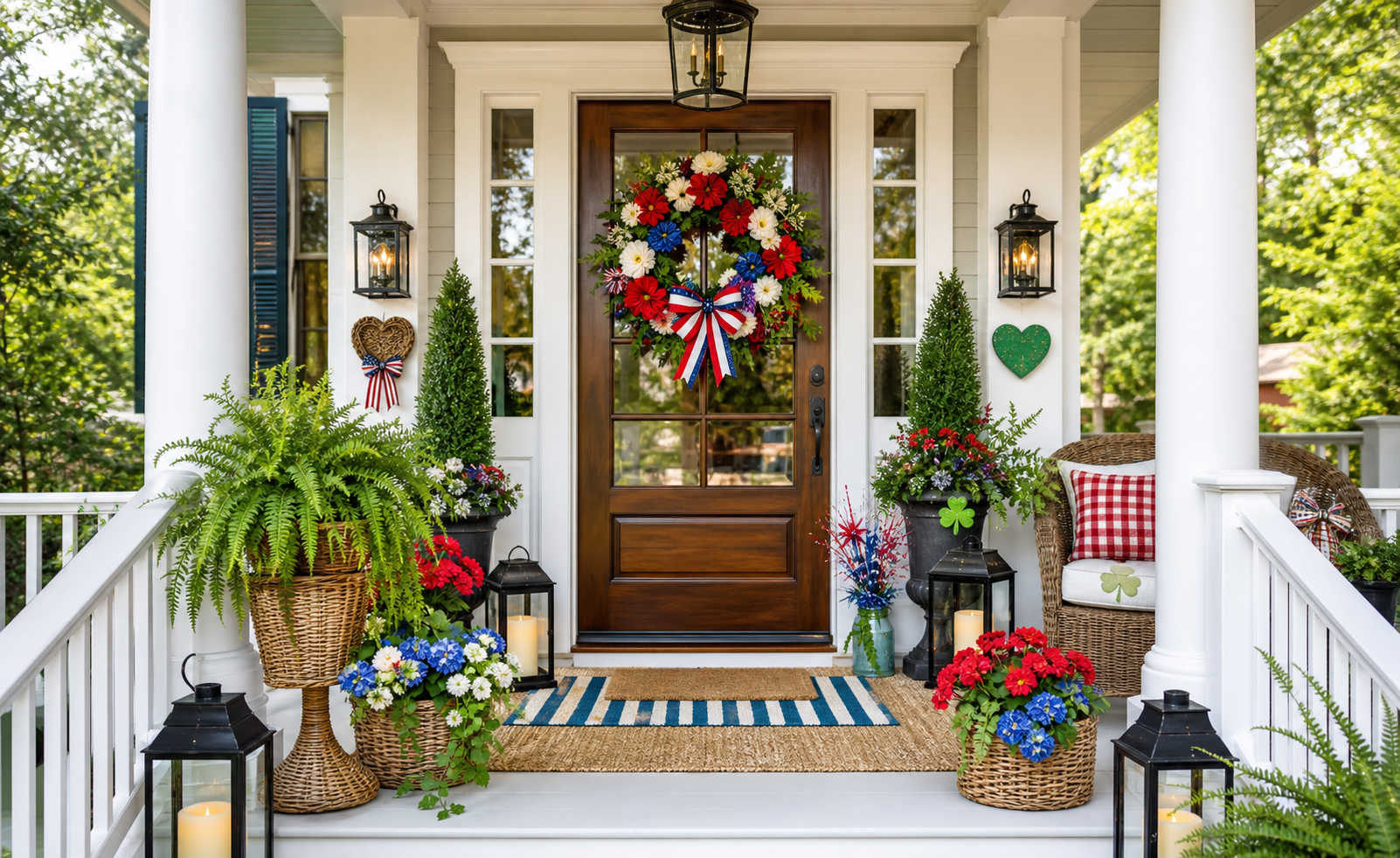 Front porch decorated for a patriotic celebration with a floral wreath on the door, potted plants, lanterns with candles, a striped doormat, and seating area with pillows.