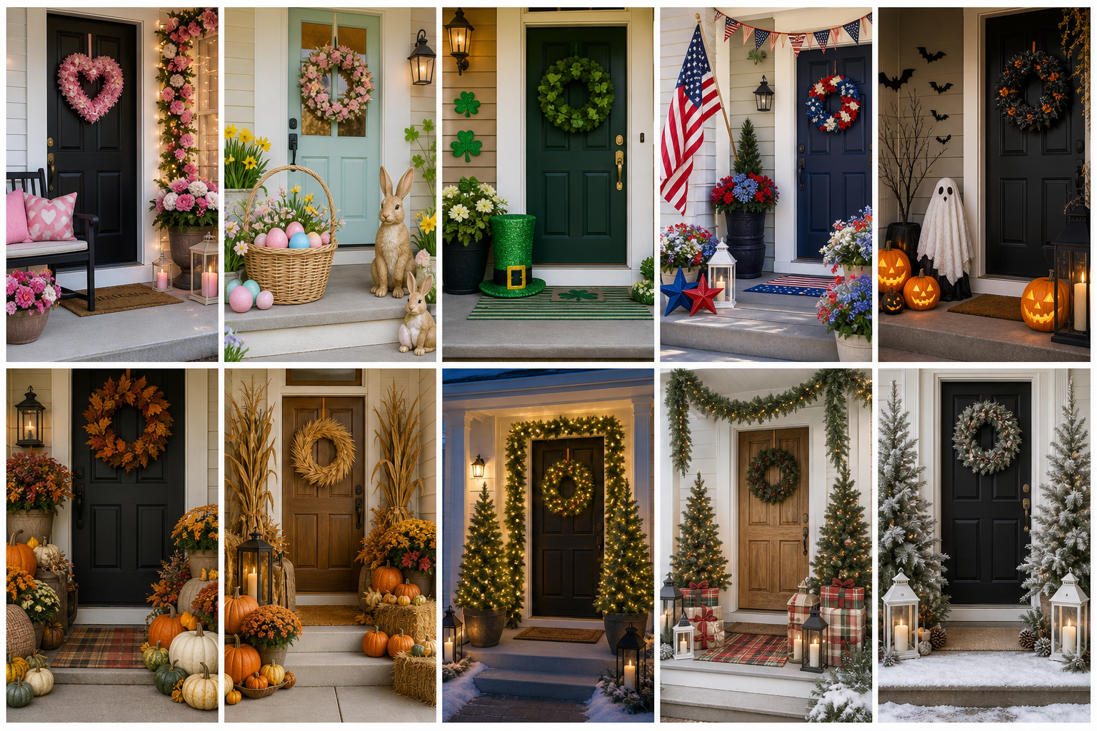 Collage of ten fun holiday porches for Valentine's Day, Easter, St. Patrick's Day, Fourth of July, Halloween, Thanksgiving, and Christmas.