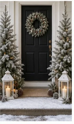 Black front door decorated with a winter wreath, flanked by two snow-dusted evergreen trees, with white lanterns and candles on either side, in a snowy setting.