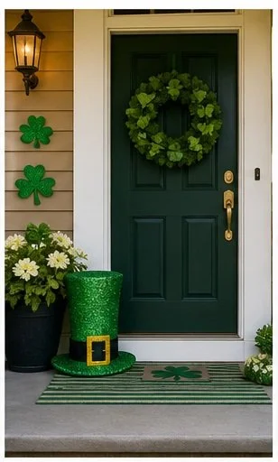 A green front door decorated with a wreath, with a shamrock doormat, a green glitter hat with a black buckle, and shamrock decorations on the wall, indicating St. Patrick's Day.