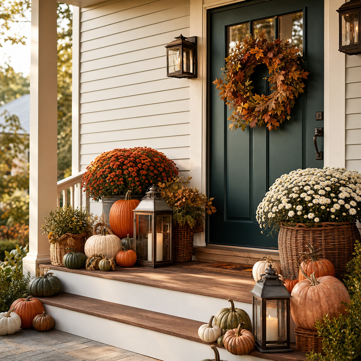 Front porch decorated with fall pumpkins, chrysanthemums, and lanterns, with a door adorned with a autumn leaf wreath.