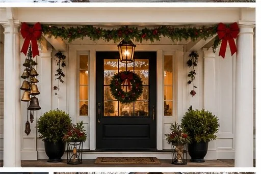 Decorated house front porch with garland, wreath, red bows, and potted plants for Christmas.