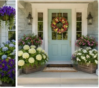 A front porch decorated with white and purple flowers in wooden planters and a colorful wreath on a light blue door, flanked by two wall lanterns.