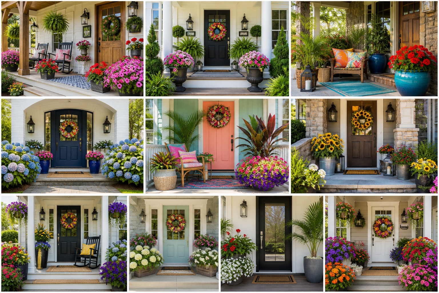 Collage of ten vivid summer porches with colorful flowers, lush planters, bright pillows, wreaths, lanterns, and cheerful seasonal decor.