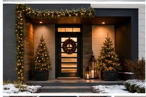 Front entrance of a house decorated for Christmas with two small lit Christmas trees in black pots, a holiday wreath on the door, and festive garland with lights and greenery framing the porch.