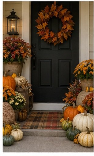 Fall decorations on a porch with pumpkins, gourds, and autumn flowers around a black door with an orange and brown leaf wreath.