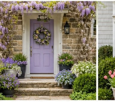 Purple front door with floral wreath, surrounded by potted plants and blooming flowers, with a stone and wood house exterior.